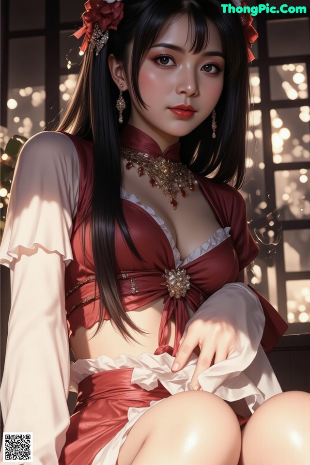 A woman in a red and white dress sitting on a window sill.